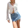 Women's Blouses TETYSEYSH Fairycore Women's Lace Flower Sheer Shirt Summer See-through Slim Tops Flare Long Sleeve V-Neck Front Tie-Up