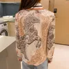 Polos pour femmes chemises en Satin femmes à manches longues ruban noeud papillon cheval imprimer automne femme en mousseline de soie Blouse bureau dames boutons hauts 2023