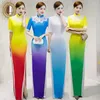 Etnische kleding gradiënt luxe pailletten prachtige lange vork satin cheongsam podium show dance jurk elegant sexy slank bodycon qipao mode