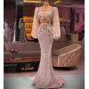 Robes de soirée rose clair 2023 manches longues cristaux de sirène paillettes appliques sexy longueur de plancher plus tailles plis de bal robe de bal