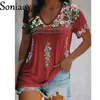 Women's TShirt Sexy Boho V Neck Patchwork Blouse Tops Summer Women Short Sleeve Loose Casual Ethnic Style Print Pullover 230317