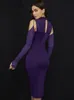 Casual Dresses Mesh Verbandkleid 2023 Frauen Sexy Lila Langarm Bodycon Herbst Winter Damen Elegante Midi Weihnachtsfeier