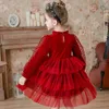 Girl's Dresses Modern Long Sleeve Velvet Girls Red Performance Dress Christmas Outfit Cloth Wedding Party Kids Dress for Girls 4 7 9 12 14 Year 230320