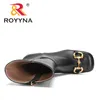 Buty Royyna Designers Metal Bluckle Autumn Winter Buty Woman Spuare Block Block Obcasy kostki żeńskie botas wygodne 230320