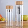 Water Bottles 350/450ml Double Wall Glass Water bottles With stainless Steel filter and bamboo lid Tea Infuser glass drink bottle 230320