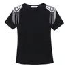 Dames T-shirt Street Street Black V-Neck T-shirt Women Summer Short Sleeve Tassel Epaulettes Persoonlijkheid T Tees Fashion Slim Tops 6605 230320