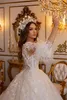 Fashion Ostrich Feather A Line Wedding Dresses Sheer Jewel Neck Long Sleeve Lace Bride Dress Illusion Bridal Gowns