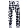 メンズジーンズメンズ白黒格子縞のプリントジーンズファッションチェックデジタルプリントスリムストレートパンツストレッチズボン230320