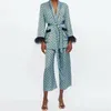 Kvinnors tvåbitar byxor Kvinnor kostymer Sunc Spring Loose Blue Printed Kimono Jacket med fjäderärmar Wide Ben Pants Two-Piece Viintage Clothing Suits 230317