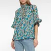 Women's Blouses 2023 Zomerblauwe bloemenprint Chiffon Tops Edge dames elegante geplooide stretch stropdas shirts casual kantoorkleding