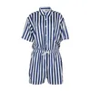 Men's Tracksuits Fashion Men Striped Rompers Short Sleeve Button Shorts Lapel Jumpsuit Drawstring Streetwear Casual Playsuit Hombre 230320