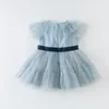 Girl's Dresses DB13090 Dave Bella Summer Baby Girl's Princess Bow Solid Mesh Dress Children Party Dress Kids Spädbarn Lolita kläder 230320