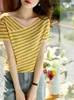Женская футболка BOBOKATEER, летняя одежда для женщин, модная полосатая вязаная футболка с v-образным вырезом, повседневная футболка Femme Camisetas, топ с короткими рукавами 230320