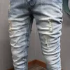 Jeans Masculino Clássico Vintage Azul Claro Rasgado Moda Masculina Estilo Coreano Bordado Reto Slim Fit Calça Denim 230320