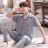 Men's Sleepwear Pajama Sets Men Plaid Button-up Short Sleeve Tops Breathable Stylish Baggy 3XL Nightwear Clothing Ins Lounge Set Cozy Pyjama 230320