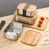 Dinnerware Sets Personalized Lunch Box 304 Stainless Steel Engraved Japanese Style Bento Bamboo Cover Wooden Lid Container Portable