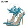 Sandalen Elegante Stiletto Mode Frauen Kristall PVC Transparent Offene spitze Knöchel Kreuz Laceup Weibliche High Heels Schuhe 230320