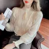 Women's Blouses 2023 Autumn Ruffle Stitched Women's Blouse Korean Stand Collar Bow Tie Chiffon Sleeve Bottomed Sweater Hollow Shirt