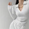 Women's Polos 2023 Fashion Sexy Vneck Stretch Slim Fit Polo Shirt RetroSpring and Autumn Long Sleeve Knitted Bottom Blouse Tshirt Top 230317