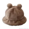 Bérets Femmes Hiver Moelleux En Peluche Chaud Seau Chapeau Avec Mignon Pompon Oreilles D'ours Solide Couleur Léopard À Bord Court Cloche Pêcheur Cap M19 21Bérets