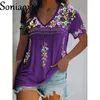 Women's TShirt Sexy Boho V Neck Patchwork Blouse Tops Summer Women Short Sleeve Loose Casual Ethnic Style Print Pullover 230317