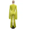 Kadınlar Suits Blazers Kadın Flare Pantolon Takımlar V Yastık Düz Renkler Sıradan Ofis Blazer Set Moda Düzensiz Çırpma Kollu Blazer İki Parçalı Set 230320