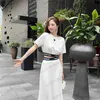 Brand Two Piece Dress Luxury Designer Short Crew Neck Pullover T-shirt Bare Waist Design Stitching Elastic Ribbon Pressed Pleated Skirt Two Pieces