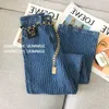 Jeans da donna Autunno All-match Tasche a vita alta Bottone patchwork Pantaloni a gamba larga Cerniera lavata Sciolto Avanzato Blu Jeans dritti da donna Trend 230317