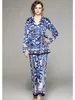 Womens Two Piece Pants Autumn Blue And White Porcelain Print Trousers Suit Womens Belt Notched Blouse Top Wide Leg Pants Set Silk Pajama Outfits 230320