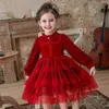 Girl's Dresses Modern Long Sleeve Velvet Girls Red Performance Dress Christmas Outfit Cloth Wedding Party Kids Dress for Girls 4 7 9 12 14 Year 230320