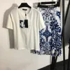 Conjunto de saia de camiseta feminina de marca de designer 23ss Letra bordada Manga curta Porcelana azul e branca estampada cintura alta meia saia plissada roupas femininas a1