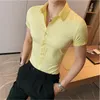 Chemises décontractées pour hommes Été hommes mode décontracté à manches courtes chemise solide Super Slim Fit mâle affaires sociales robe chemise marque hommes tenue décontractée Blouse 230320