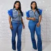 Women's Blouses Summer Short Denim Blouse Top African Ladies Fashion Mesh Ruffle Sleeve Button Up Women Casual Jean Shirt Streetwear