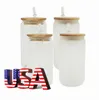 US Warehouse 16oz Sublimation Glass Beer Mugs with Bamboo Lid Straw DIY Blanks Frosted Clear Can Shaped Tumblers Cups Heat Transfer Cocktail e0411