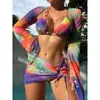 Nieuwe sexy printstrepen 3 stuks Bikini Set Summer Beach Wear Triangle Bikini-zwempak met strandrok zwemkleding dekmantel