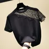 Женская футболка LJSXLS Кружевая футболка Женская выпадение черной полосатой футболки с коротким рукавом женская одежда вязаная летние топы