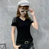 Dames T-shirt Street Street Black V-Neck T-shirt Women Summer Short Sleeve Tassel Epaulettes Persoonlijkheid T Tees Fashion Slim Tops 6605 230320