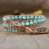 Strand Ethnic Leather Wrap Armband w/ Natural Stone Rhinestone Amazonite Beaded Armband Teengirls Bohemian smycken Dropship