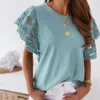 Polos femininos Summer Mulheres Hollow Out costura de camiseta casual Oneck Rufla