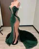 2023 Sexy Mermaid Prom Dresses Crystal Beaded V Neck Side Split Velvet Rhinestones Stunning Gowns Sweep Train Plus Size Formal Wear Cutaway Sides