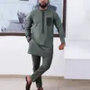 Herrspårar dashiki herrar 2 stycken lång ärmdräkt afrikanska män kläder set fast färg affärsverksamhet casual riche topp pant kostym män kläder 230320