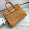 Designer Ostrich Platinum Handbag Bag South Skin Women's Bag Gold Brown Genuine Leather