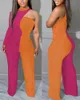 Kvinnors jumpsuits Rompers Autumn Fashion Color Contrast Print Jumpsuit Kvinnor Sexig av axel Single Sleeve Wide Leg Jumpsuit Women 230317