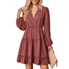 Casual Dresses Wedding Guest For Women Sexy Wrap V Neck Dress Long Sleeve Lace Trim Mini Swiss Dot Tiered A-line