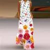 Ye63 Vestidos casuales básicos Vestidos casuales Moda Red Rose Print Summer Vestido 3D Sexy Boho Beach Mujeres con cuello en V Sin mangas Bolsillo de gran tamaño Largo OR5V