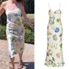 Casual Jurken Zomer Vrouwen Vlek Zijde Midi Jurk Mouwloze Spaghetti Band V-hals Paddestoel Print Lange Bodycon Vrouwelijke Vestidos