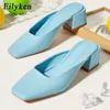 Sandaler 2023 Summer New Women Slipper Square Low Heel Shallow Ladies Mules Female Casual Outdoor Party Shoes Light Blue Yellow 230320