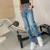 Women's Jeans Designer New Autumn and Winter Wash Splice Leather Label High Waist Straight Barrel Blue Casual Simple Style 8OR0