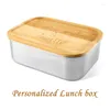 Dinnerware Sets Personalized Lunch Box 304 Stainless Steel Engraved Japanese Style Bento Bamboo Cover Wooden Lid Container Portable