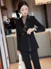 Damespakken Blazers Fashion Geel Green Black Women Pant Suit Office Ladies Business Work Wear 2 -delige set vrouwelijke lange mouwen blazer en broek 230320